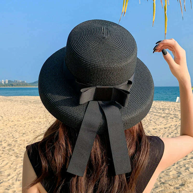 KIMLUD, Retro Round Top Straw Hat Ladies Sun Hats Travel Holiday Visor Hats Vintage Women Beach Hat Black And White Wholesale ceremony, KIMLUD Womens Clothes