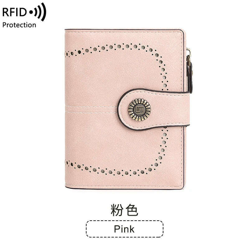 KIMLUD, Retro three-fold RFID shielding women's short wallet, solid color large capacity daily fashion versatile clutch bag, Y1668-Pink, KIMLUD APPAREL - Womens Clothes