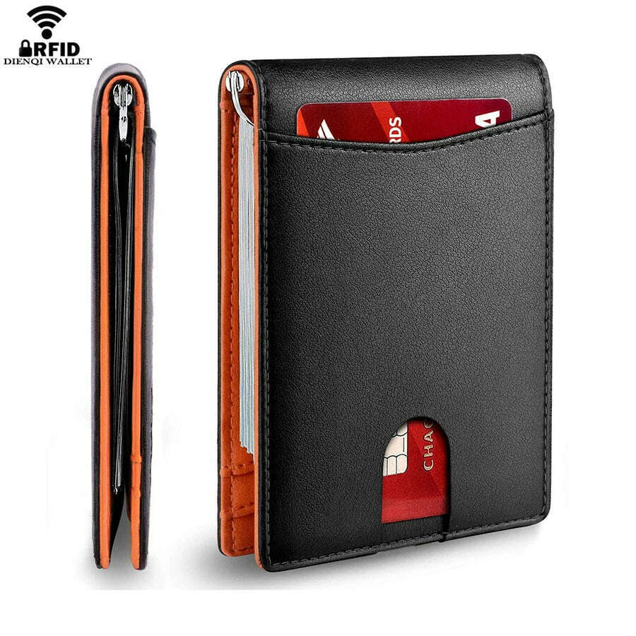 KIMLUD, Rfid Credit Card Holder Men Wallets Money Clip Luxury Slim Thin Mini Wallet Male Small Short Purse Minimalist Billfold Vallet, Black Orange, KIMLUD APPAREL - Womens Clothes