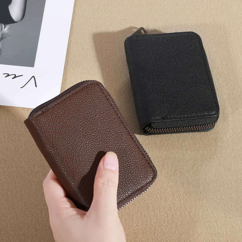 RFID men's blocked credit card holder, zipper around wallet, women's leather short wallet - KIMLUD