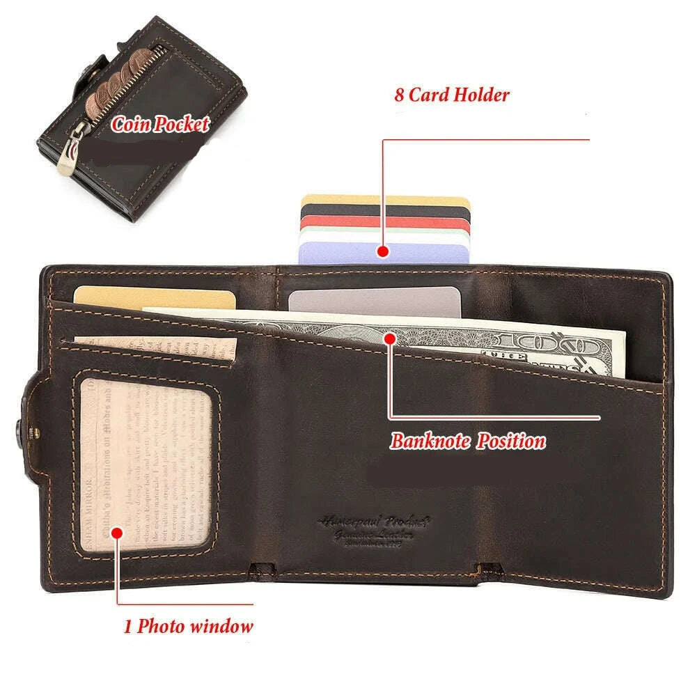 RFID Smart Pop Up Card Wallet for Men Genuine Leather Card Case for 8-10 Cards Slim Women Zip Coin Purse with Notes Compartment - KIMLUD