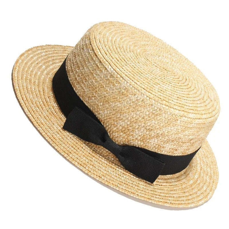 RH Natural Wheat Straw Boater Fedora Top Flat Hat Women Summer Beach Flat Brim Cap With Bowknot Ribbon For Holiday Party - KIMLUD