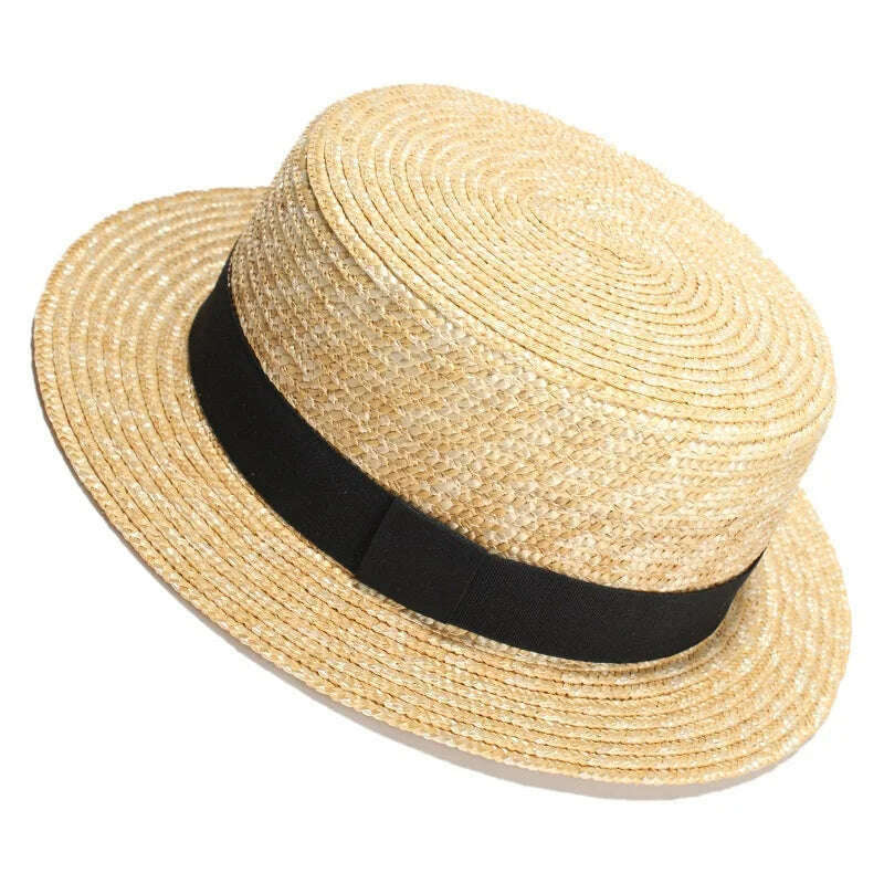 RH Natural Wheat Straw Boater Fedora Top Flat Hat Women Summer Beach Flat Brim Cap With Bowknot Ribbon For Holiday Party - KIMLUD