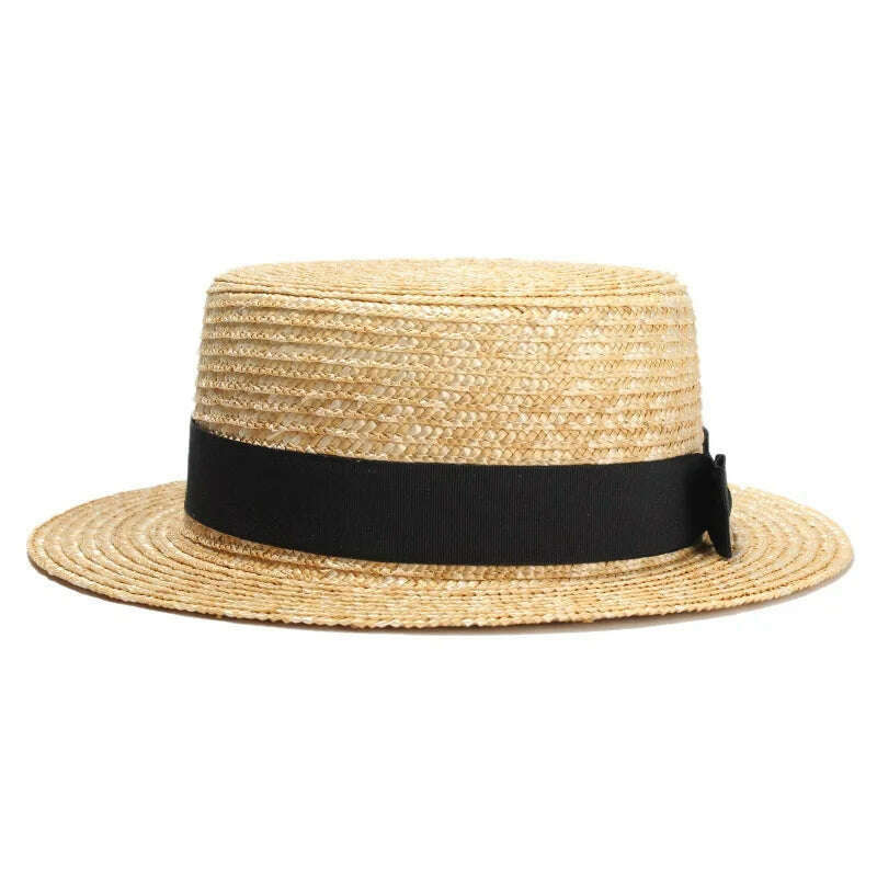 RH Natural Wheat Straw Boater Fedora Top Flat Hat Women Summer Beach Flat Brim Cap With Bowknot Ribbon For Holiday Party - KIMLUD