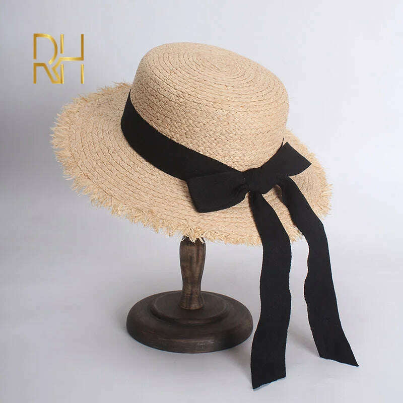 KIMLUD, RH Summer Women Boater Beach Hat Female Casual Panama Hat Lady Brand Classic Bowknot Straw Flat Sun Hat Female Fedora, KIMLUD Womens Clothes