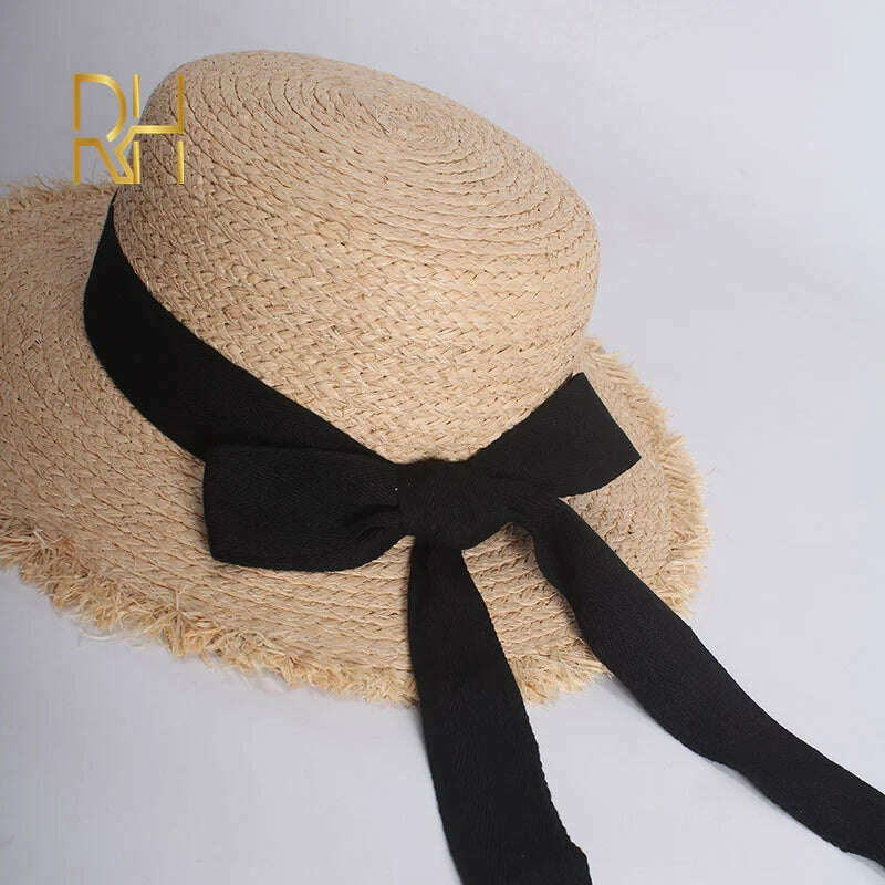 KIMLUD, RH Summer Women Boater Beach Hat Female Casual Panama Hat Lady Brand Classic Bowknot Straw Flat Sun Hat Female Fedora, KIMLUD Womens Clothes