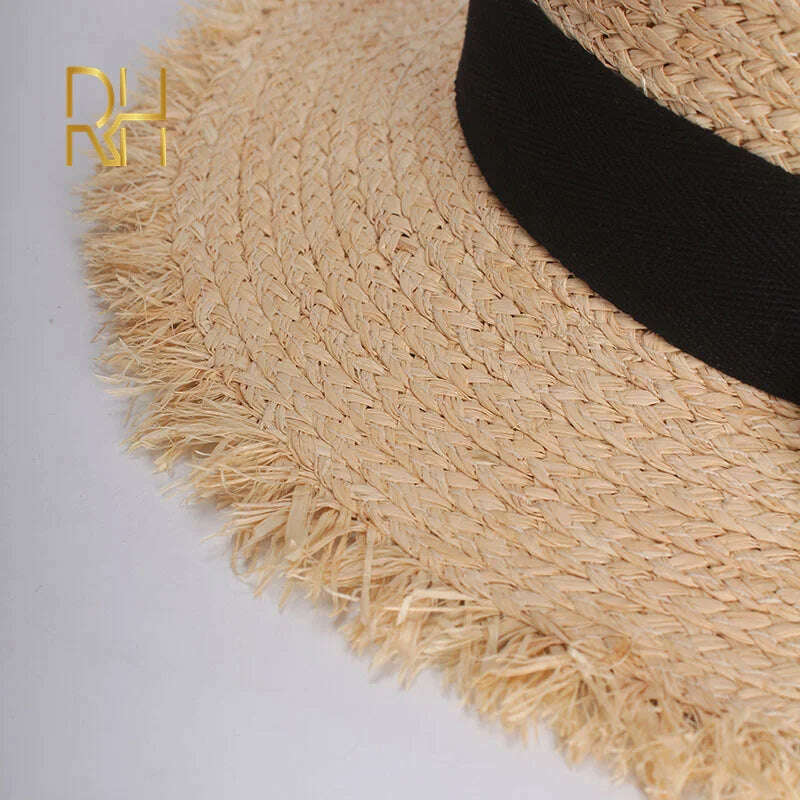 KIMLUD, RH Summer Women Boater Beach Hat Female Casual Panama Hat Lady Brand Classic Bowknot Straw Flat Sun Hat Female Fedora, KIMLUD Womens Clothes