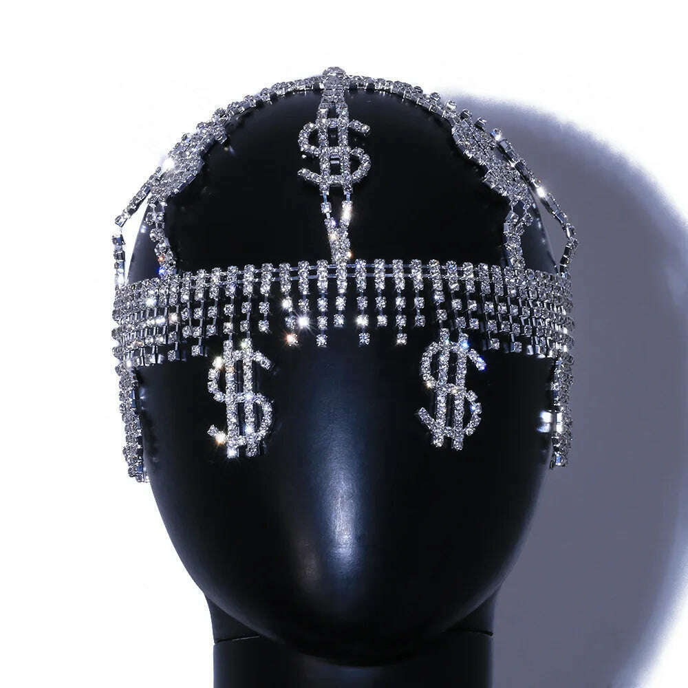 KIMLUD, Rhinestone Big Dollar Sign Pendant Tassel Headband Head Cap Hat Hair Jewelry for Women Crystal Headpiece Head Chain Accessories, KIMLUD Womens Clothes