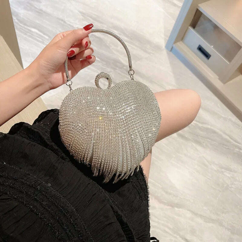 Rhinestone Evening Bag Heart Pattern Silver Clutch Womens Fashion Diamond Banquet Clutch And Purse Wedding Bridal Prom Wallets - KIMLUD