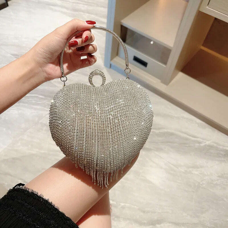 KIMLUD, Rhinestone Evening Bag Heart Pattern Silver Clutch Womens Fashion Diamond Banquet Clutch And Purse Wedding Bridal Prom Wallets, KIMLUD Womens Clothes