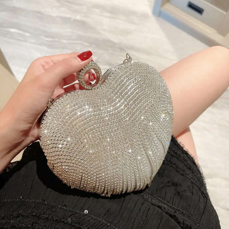 KIMLUD, Rhinestone Evening Bag Heart Pattern Silver Clutch Womens Fashion Diamond Banquet Clutch And Purse Wedding Bridal Prom Wallets, KIMLUD Womens Clothes