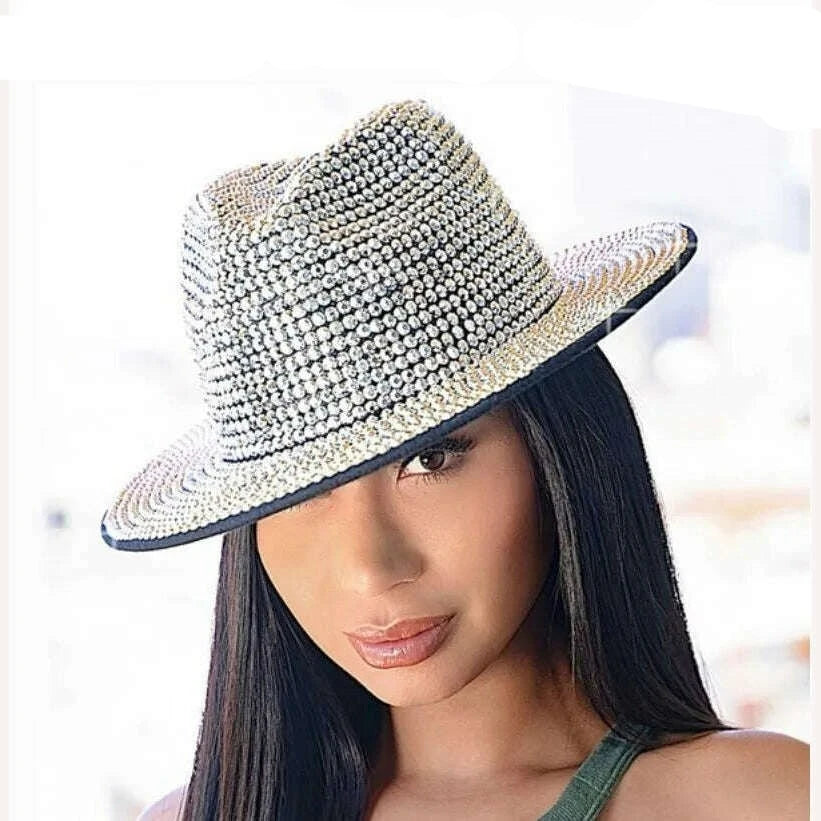 Rhinestone fedora Jazz Hats Cowboy Hat For Women And Men Double-sided Color Cap Red With Black diamond fedora Wholesale 2021 - KIMLUD