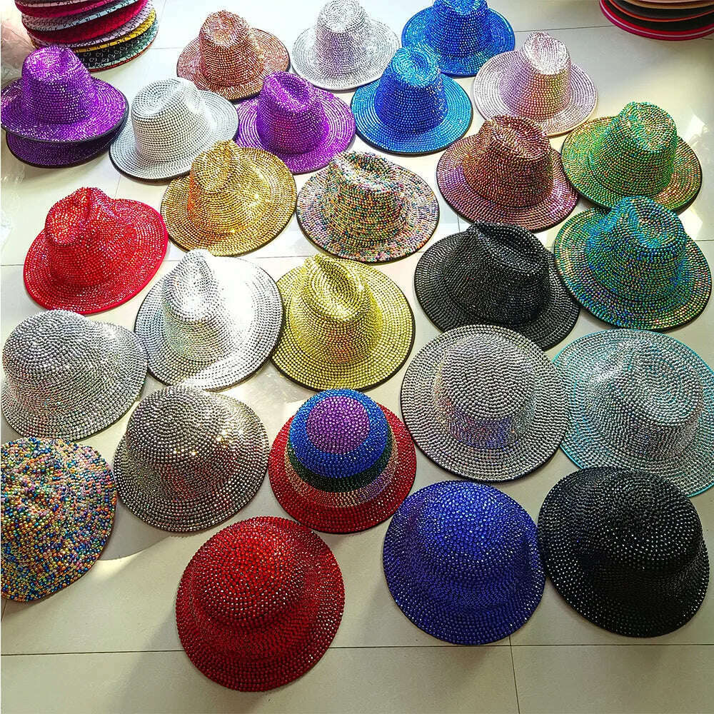 Rhinestone fedora Jazz Hats Cowboy Hat For Women And Men Double-sided Color Cap Red With Black diamond fedora Wholesale 2021 - KIMLUD