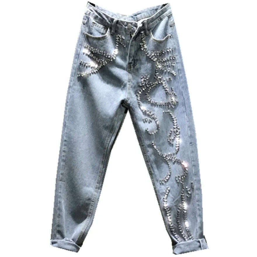 KIMLUD, Rhinestone jeans women spring summer Heavy Industry fashion Beads High Waist Loose Straight Casual cross pants, KIMLUD Womens Clothes