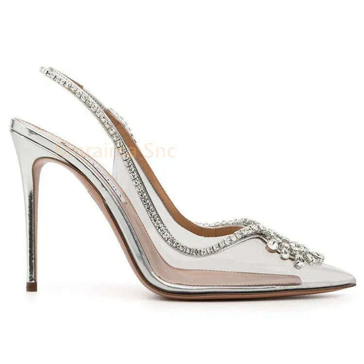 KIMLUD, Rhinestone Pvc Transparent Women Sandals 2023 Summer Pointed Toe High Heels Pumps Stiletto Slingback Ladies Shoes Stylish, KIMLUD Womens Clothes