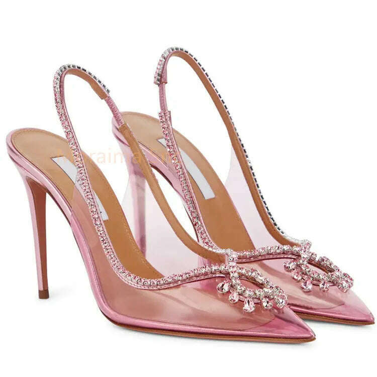 KIMLUD, Rhinestone Pvc Transparent Women Sandals 2023 Summer Pointed Toe High Heels Pumps Stiletto Slingback Ladies Shoes Stylish, KIMLUD Womens Clothes