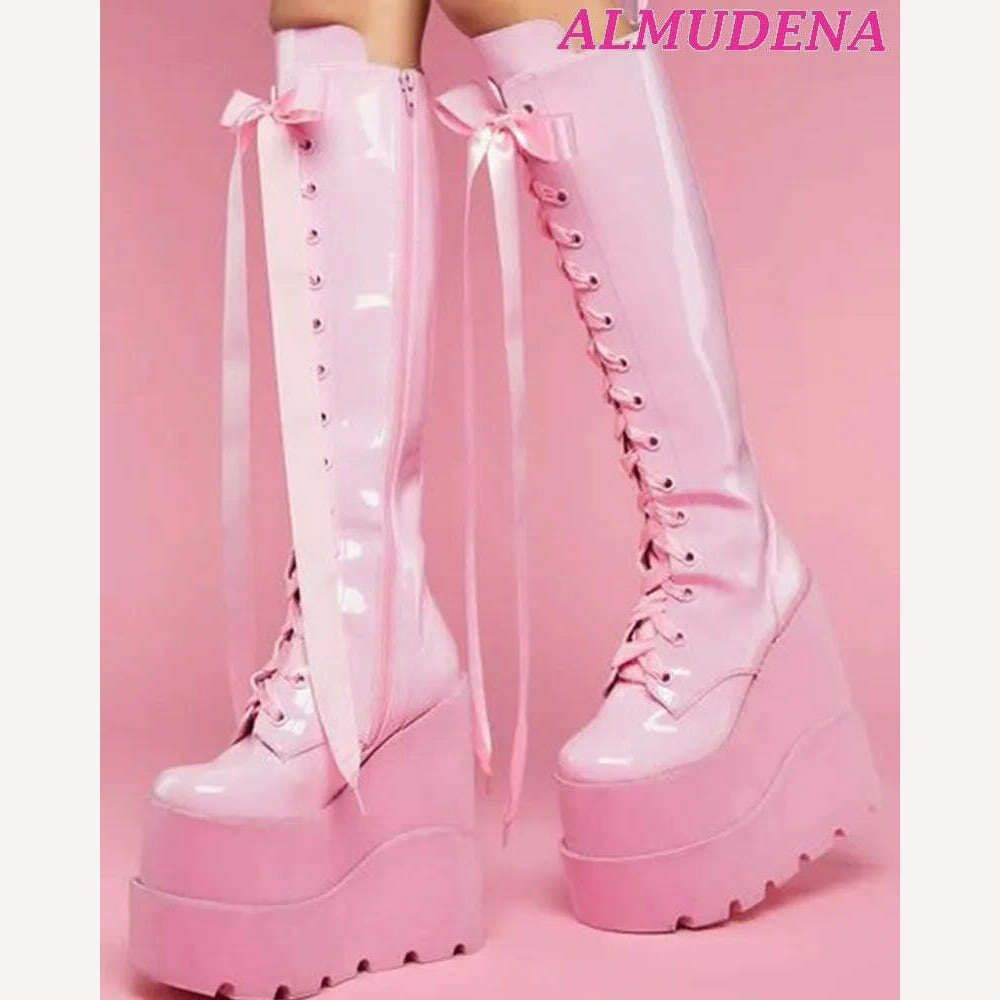 KIMLUD, Ribbon Lace Up Knee High Platform Boots Women Pink Leather Super High Heels Big Size Boot Wedges Y2K Lolita Dress Highten Shoes, as photo / 35, KIMLUD APPAREL - Womens Clothes