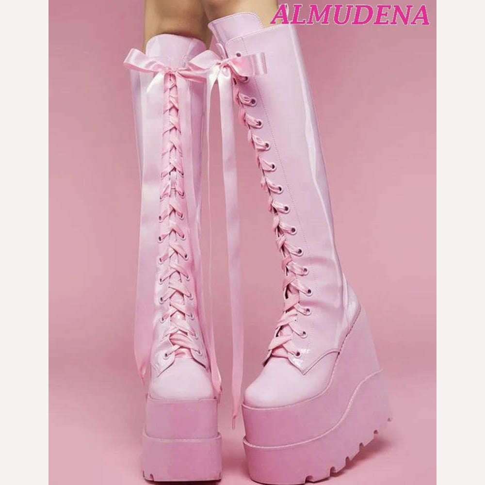 KIMLUD, Ribbon Lace Up Knee High Platform Boots Women Pink Leather Super High Heels Big Size Boot Wedges Y2K Lolita Dress Highten Shoes, KIMLUD Womens Clothes