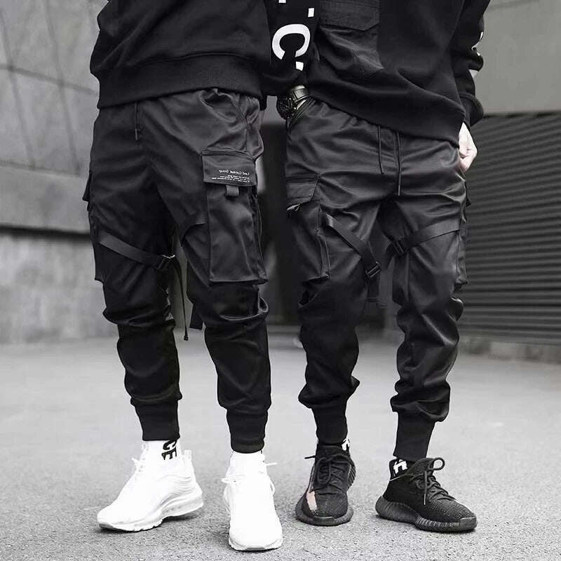 KIMLUD, Ribbons Harem Joggers Men Cargo Pants Streetwear 2023 Hip Hop Casual Pockets Track Pants Male Harajuku Fashion Trousers, XS / Black, KIMLUD APPAREL - Womens Clothes