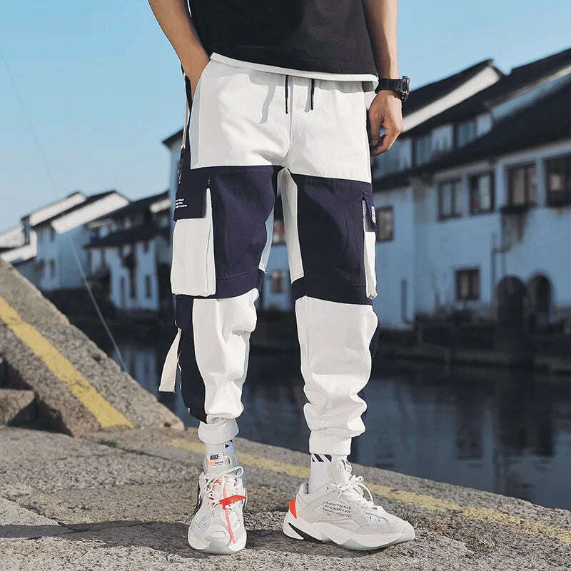 KIMLUD, Ribbons Harem Joggers Men Cargo Pants Streetwear 2023 Hip Hop Casual Pockets Track Pants Male Harajuku Fashion Trousers, KIMLUD Womens Clothes