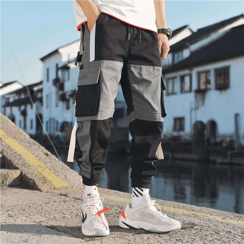 KIMLUD, Ribbons Harem Joggers Men Cargo Pants Streetwear 2023 Hip Hop Casual Pockets Track Pants Male Harajuku Fashion Trousers, KIMLUD Womens Clothes