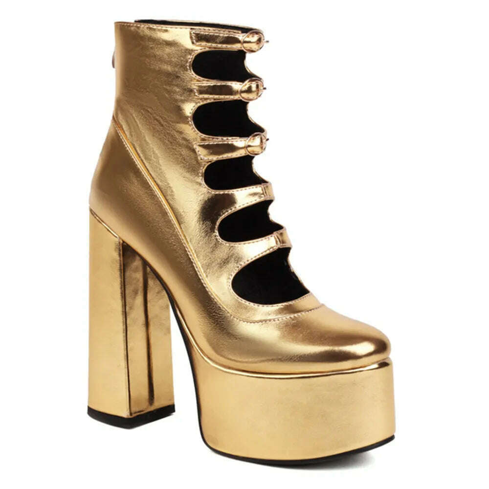 KIMLUD, RIBETRINI Platform High Heels Summer Cutout Ankle Boots Zip Design Party Dress Sexy Punk Buckle Round Toe Shoes Motorcycle Boots, gold C / 4, KIMLUD APPAREL - Womens Clothes