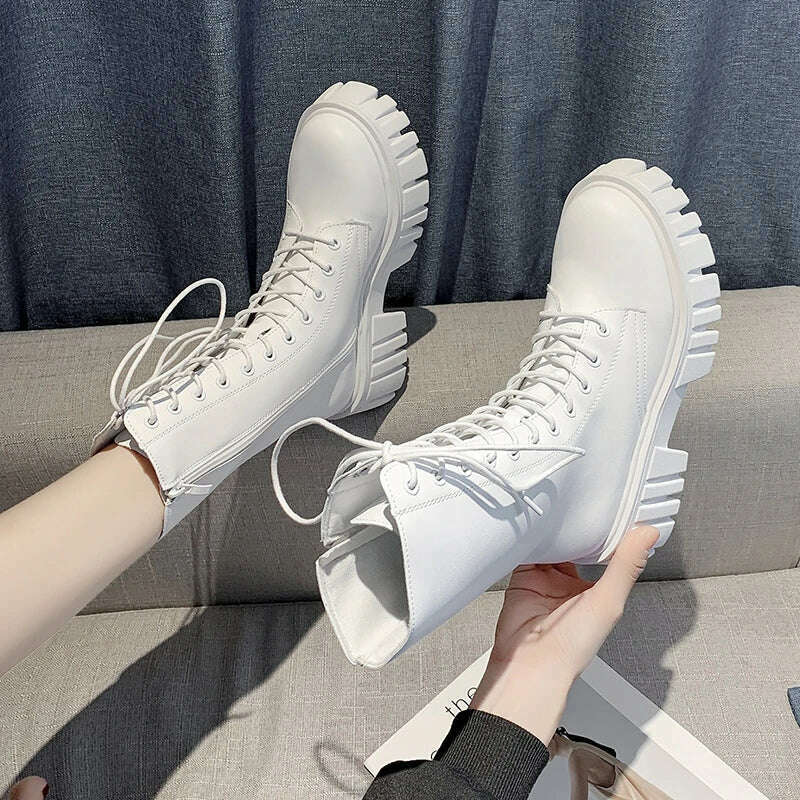 KIMLUD, Rimocy Chunky Platform White Ankle Boots Women Autumn Winter Pu Leather Combat Booties Mujer Punk Thick Bottom Motorcycle Boots, KIMLUD Womens Clothes