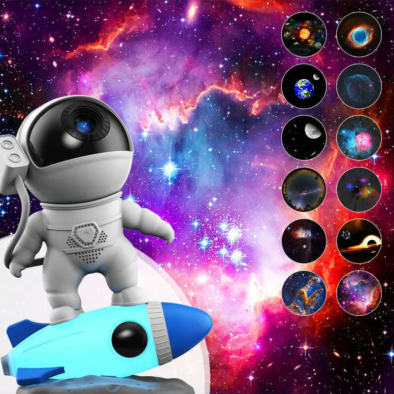 Rocket Astronaut Galaxy Projector Night Light Lamp And 13 Film Pieces Sky Projector 360° Rotate Planetarium For Kids Bedroom - KIMLUD