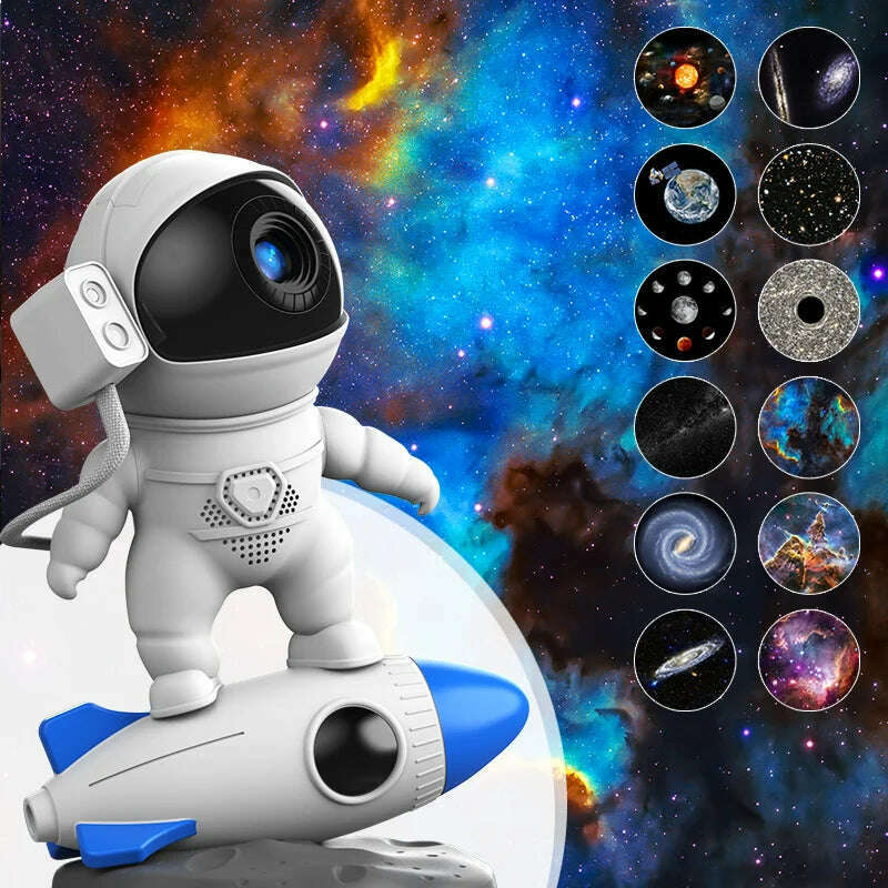 Rocket Astronaut Galaxy Projector Night Light Lamp And 13 Film Pieces Sky Projector 360° Rotate Planetarium For Kids Bedroom - KIMLUD