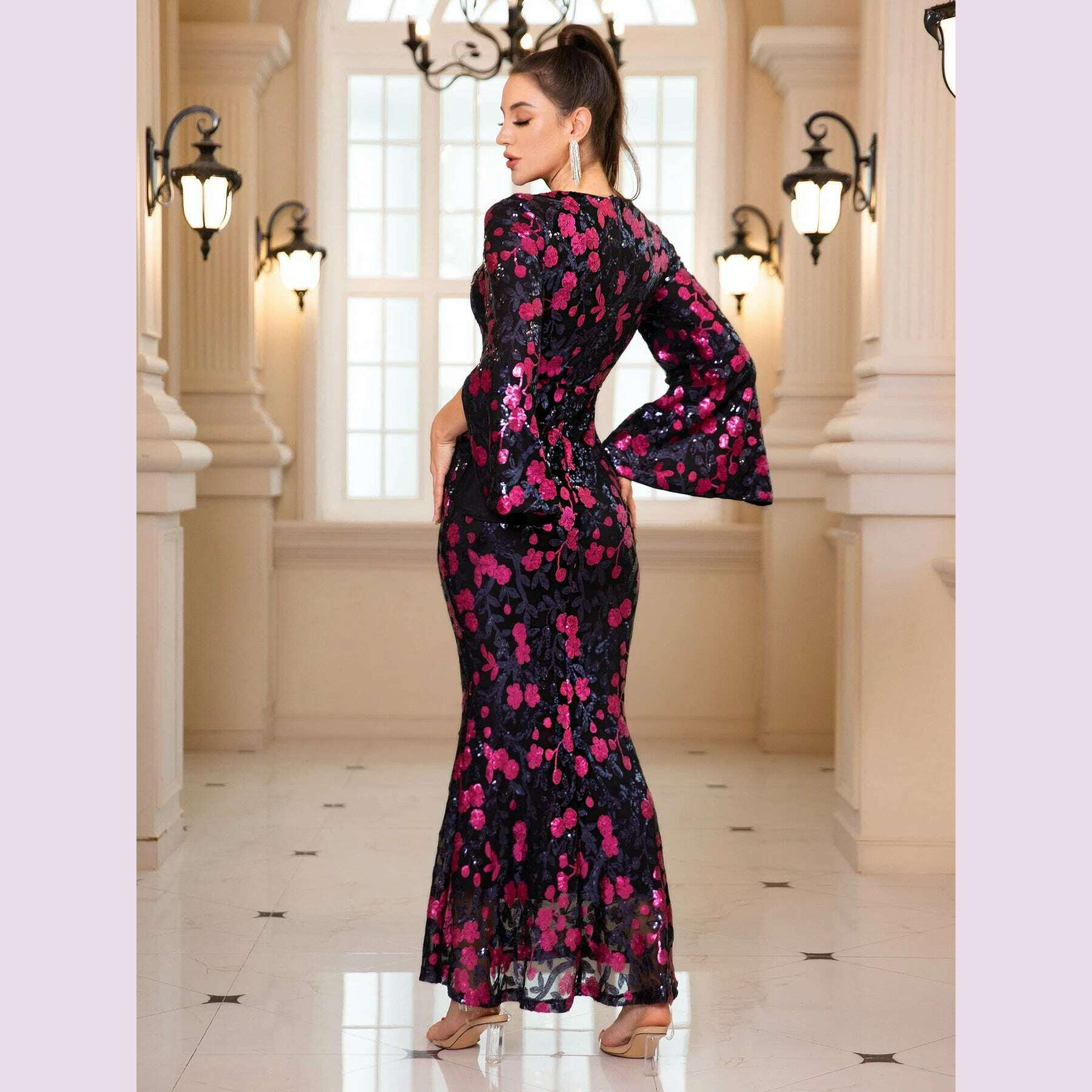 Romagic Deep V Neck Slit Half Sleeves Floral Sequined Evening Dress Elegant Long Wedding Party Celebrity Formal Dresses - KIMLUD