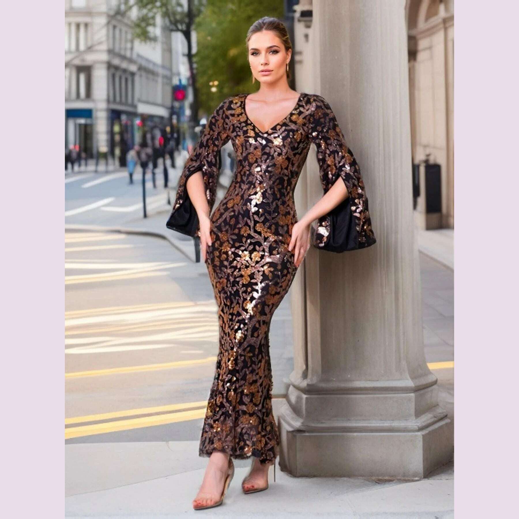 KIMLUD, Romagic Deep V Neck Slit Half Sleeves Floral Sequined Evening Dress Elegant Long Wedding Party Celebrity Formal Dresses, KIMLUD Womens Clothes