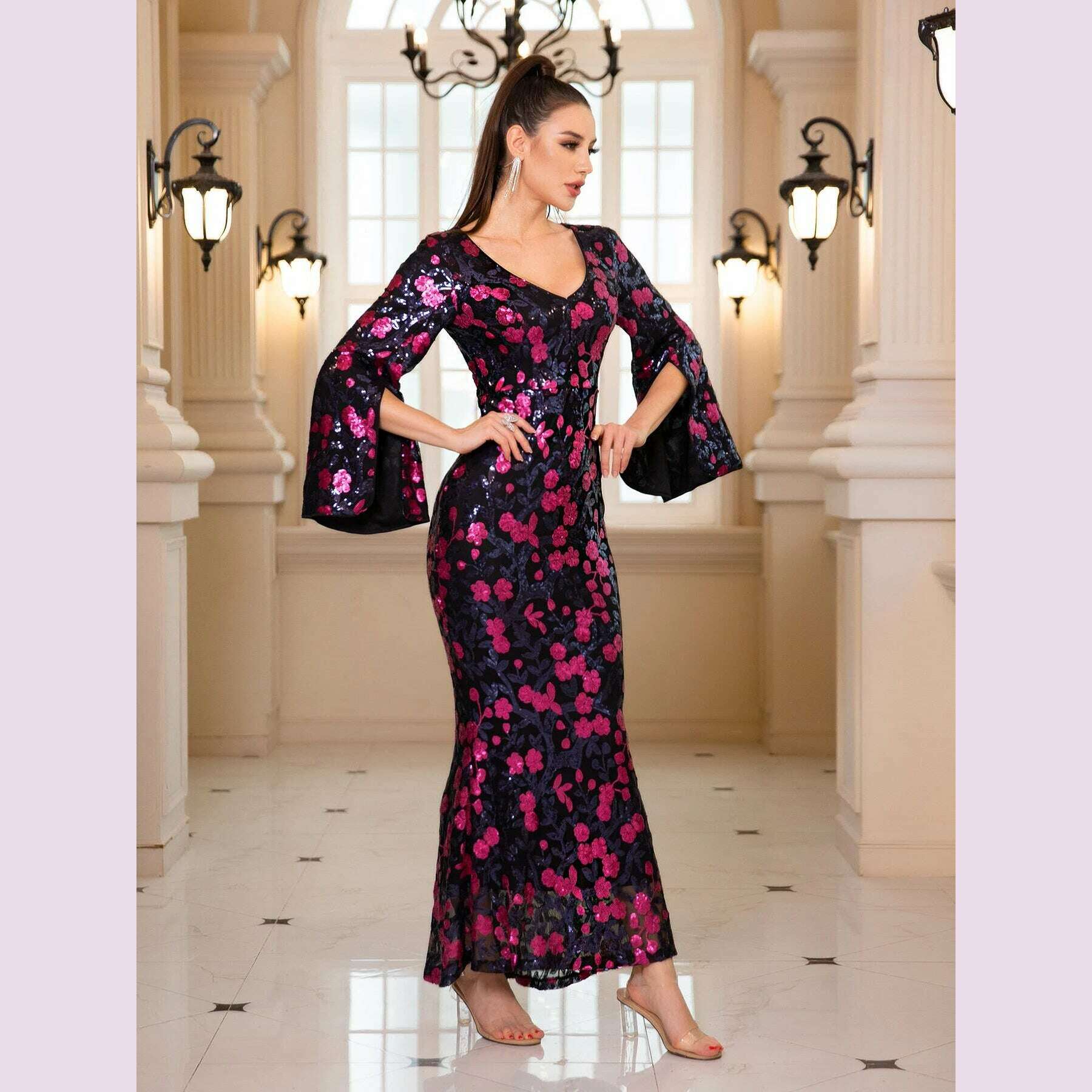 Romagic Deep V Neck Slit Half Sleeves Floral Sequined Evening Dress Elegant Long Wedding Party Celebrity Formal Dresses - KIMLUD