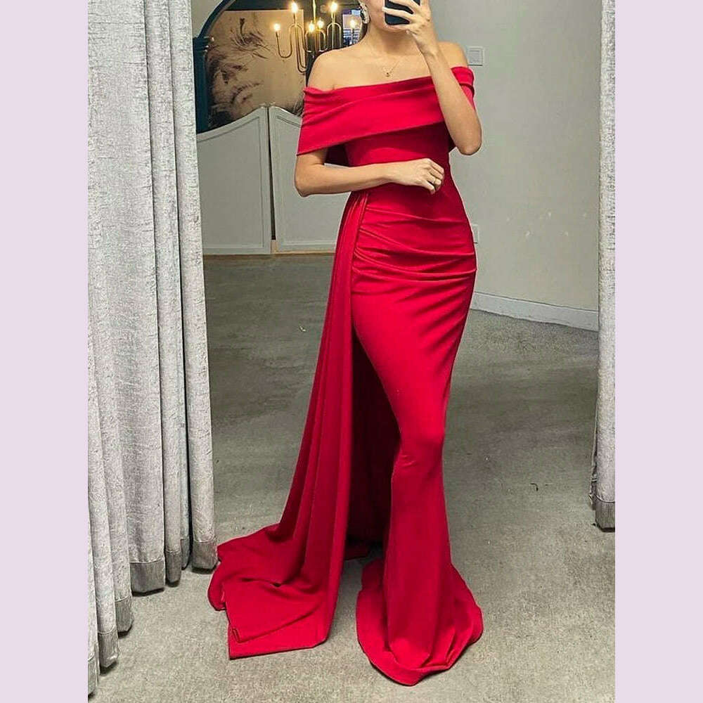 KIMLUD, Romagic Women Slash Neck Sexy Cocktail Prom Evening Dress Strapless Stretch Bodycon With Ribbon Wedding Party Maxi Dresses, Red / S / Floor Length, KIMLUD APPAREL - Womens Clothes