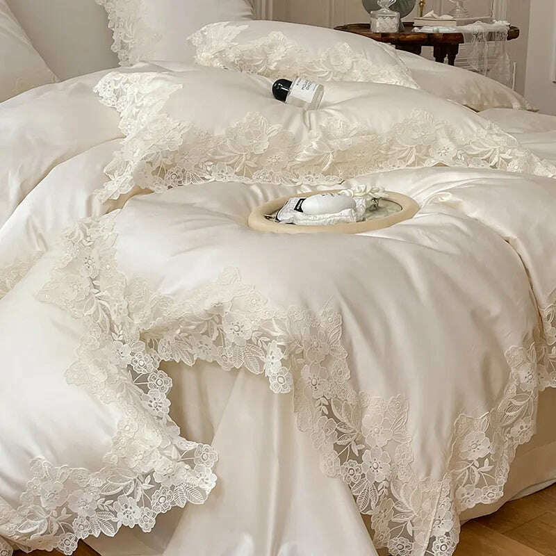 Romantic French Wedding Chic Flowers Lace Edge Woman Bedding Set 1000TC Egyptian Cotton Girl Duvet Cover Bed Sheet Pillowcases - KIMLUD