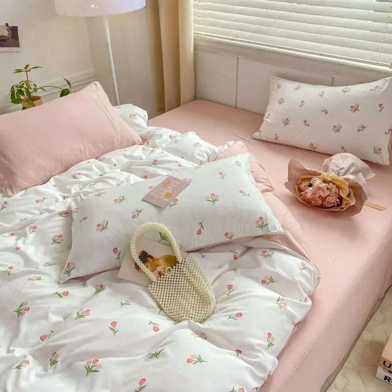 KIMLUD, Romantic Tulip Pink Bedding Set Bed Flat Sheet Pillowcase Twin Full Queen Bed Linen Kids Girls Floral Duvet Cover No Filling, tulip / Twin150x200 3pcs, KIMLUD APPAREL - Womens Clothes