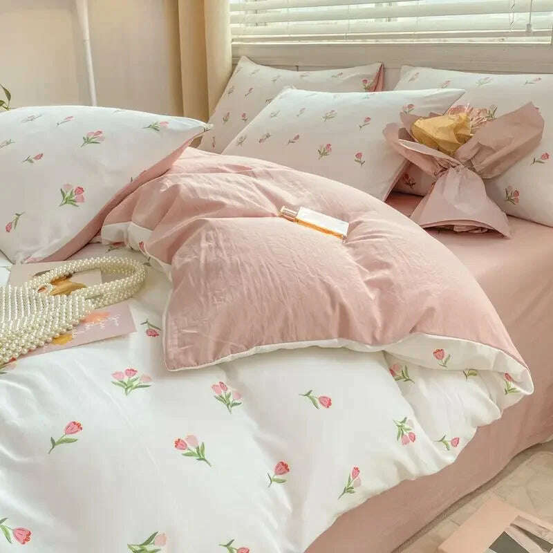 KIMLUD, Romantic Tulip Pink Bedding Set Bed Flat Sheet Pillowcase Twin Full Queen Bed Linen Kids Girls Floral Duvet Cover No Filling, KIMLUD Womens Clothes