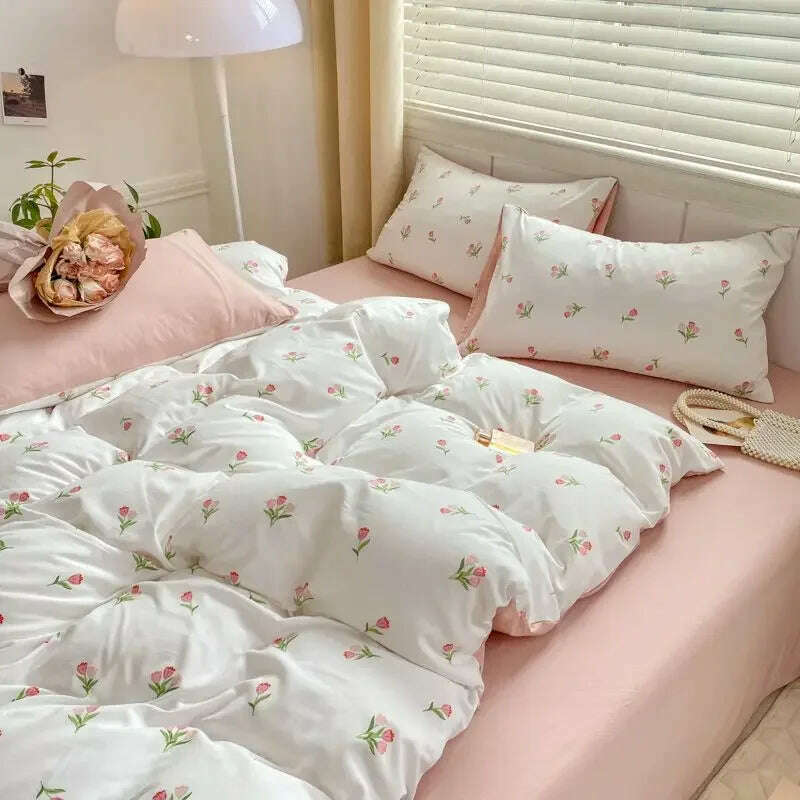 KIMLUD, Romantic Tulip Pink Bedding Set Bed Flat Sheet Pillowcase Twin Full Queen Bed Linen Kids Girls Floral Duvet Cover No Filling, KIMLUD Womens Clothes