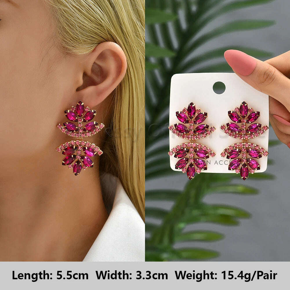 KIMLUD, Romantic Valentines Crystal Dangle Earrings For Women Luxury Party Maple Leaf Round High Quality Unusual Jewelry Large Pendants, Rose-Red, KIMLUD APPAREL - Womens Clothes