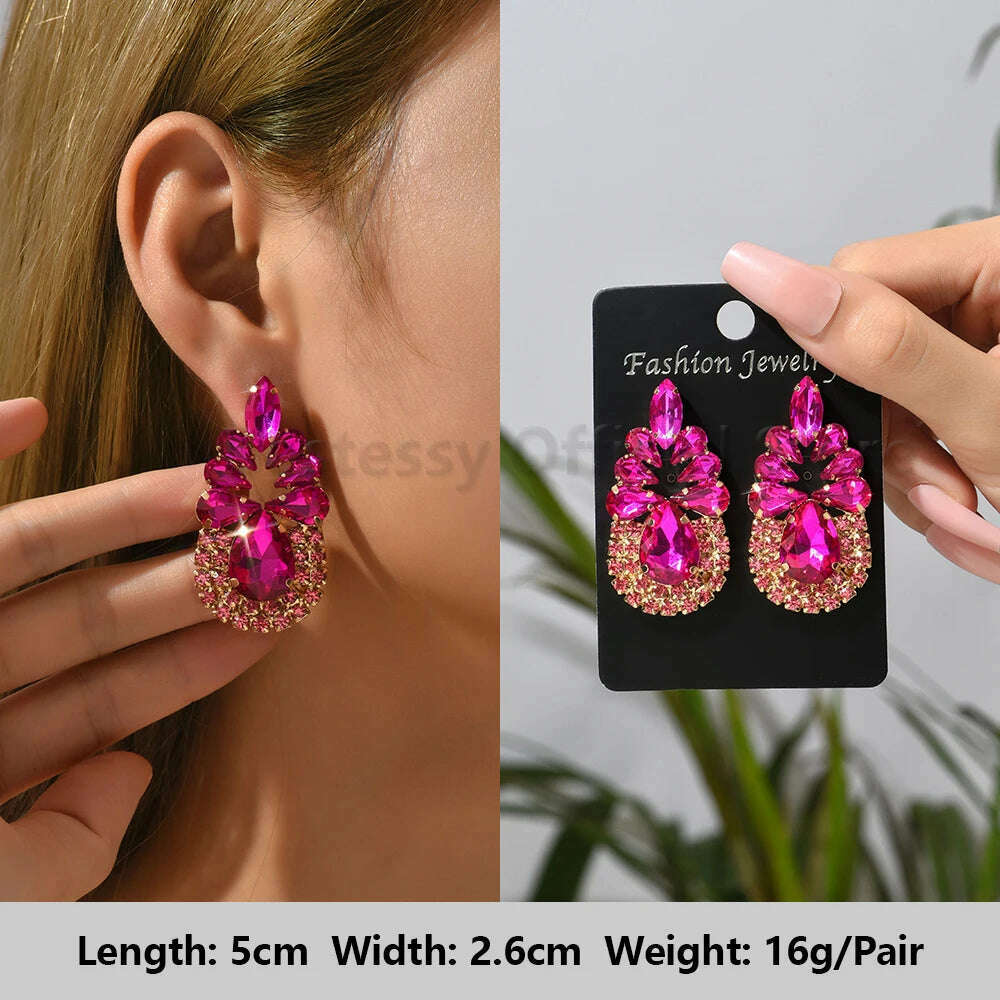 KIMLUD, Romantic Valentines Crystal Dangle Earrings For Women Luxury Party Maple Leaf Round High Quality Unusual Jewelry Large Pendants, Rose-Red 9, KIMLUD APPAREL - Womens Clothes