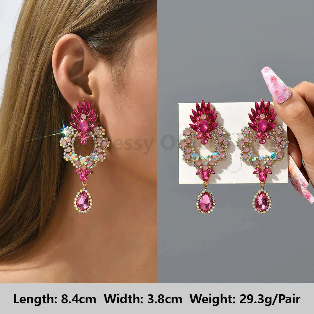 KIMLUD, Romantic Valentines Crystal Dangle Earrings For Women Luxury Party Maple Leaf Round High Quality Unusual Jewelry Large Pendants, Rose-Red 12, KIMLUD APPAREL - Womens Clothes