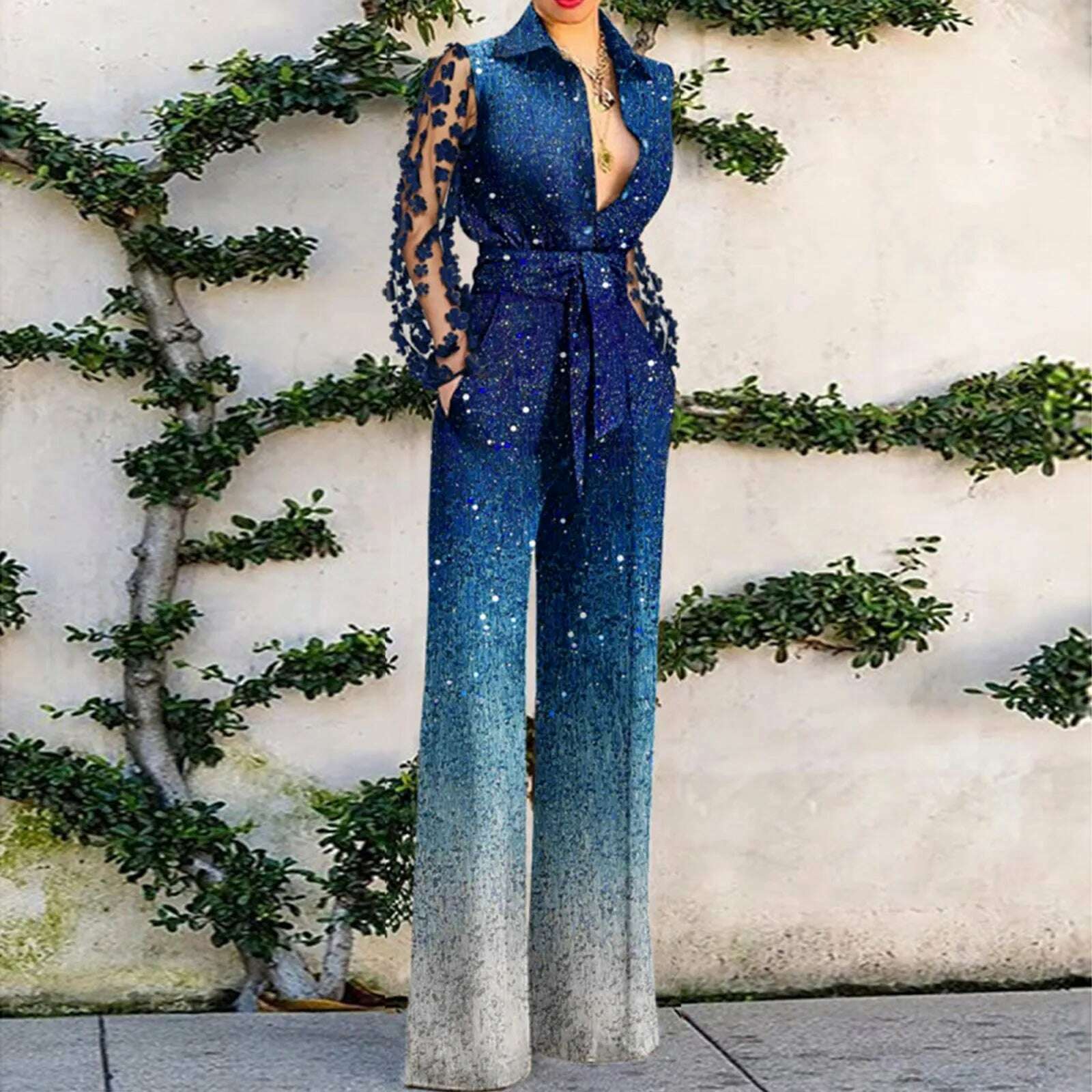 KIMLUD, Rompers Womens Jumpsuit Sexy One Shoulder Elegant Sequins Glitter Party Night 2023 Spring Wide Leg Long Long Pants Gowns Outfits, CHINA / Blue-2 / XXL, KIMLUD APPAREL - Womens Clothes