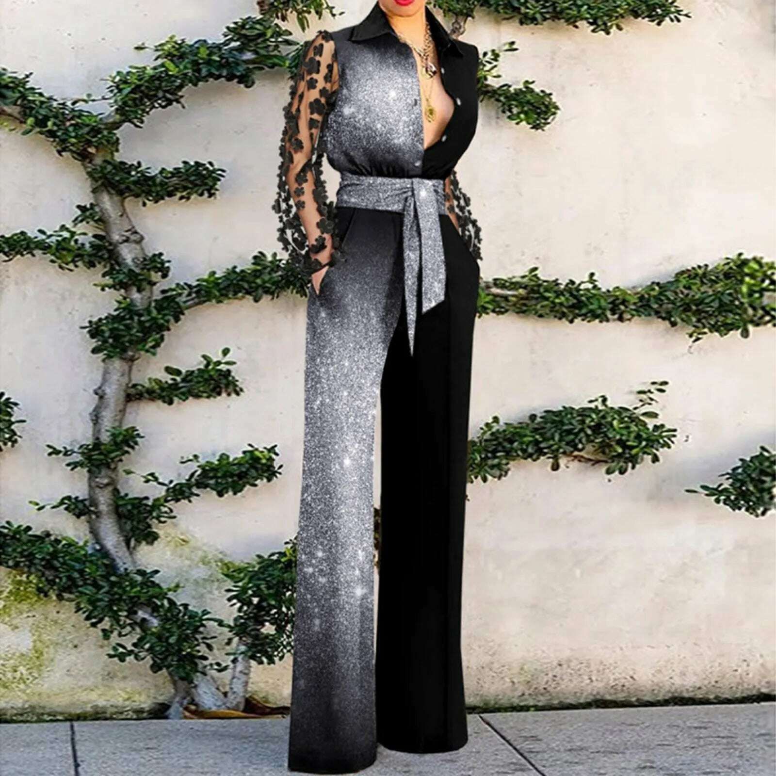 KIMLUD, Rompers Womens Jumpsuit Sexy One Shoulder Elegant Sequins Glitter Party Night 2023 Spring Wide Leg Long Long Pants Gowns Outfits, CHINA / Grey / XXL, KIMLUD APPAREL - Womens Clothes