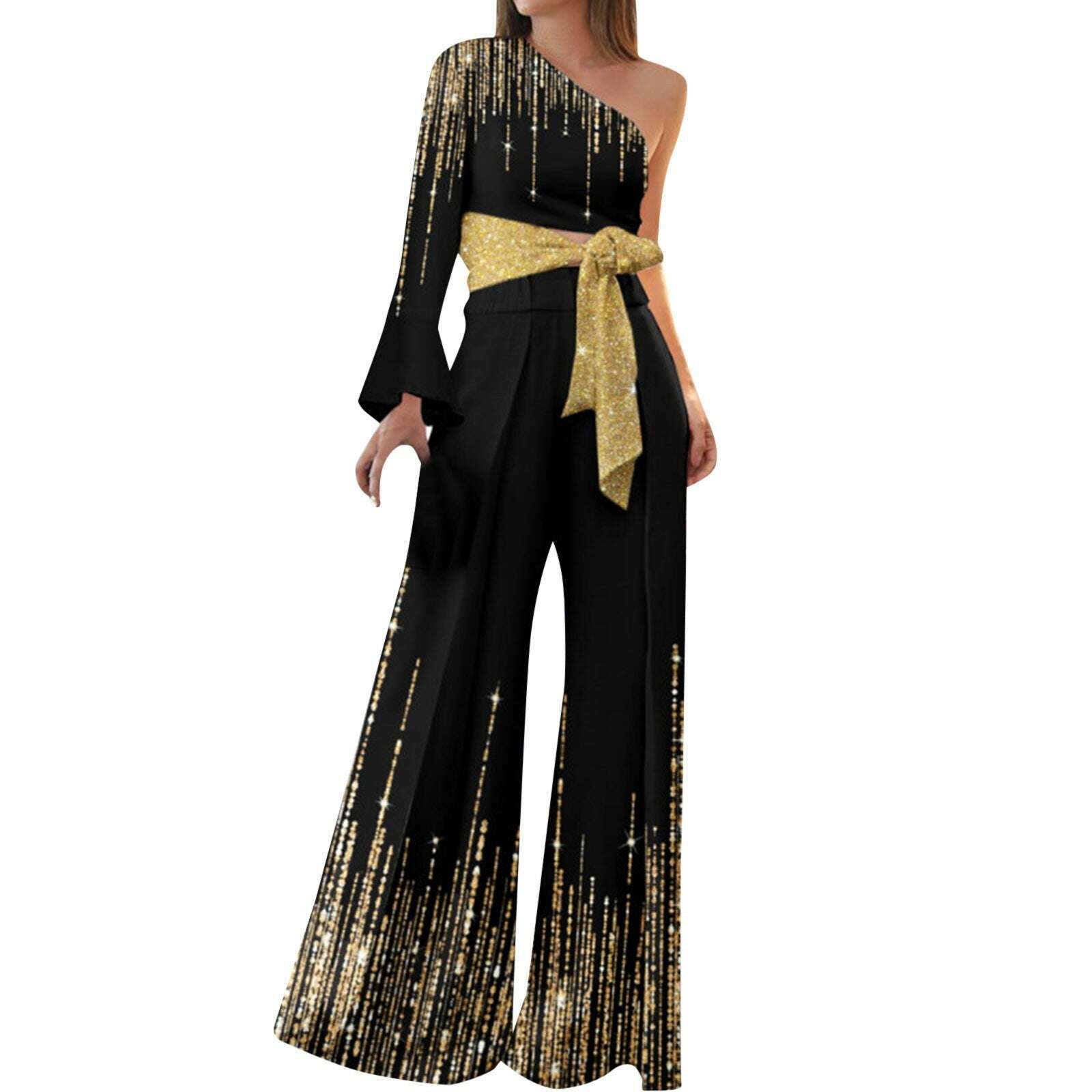 KIMLUD, Rompers Womens Jumpsuit Sexy One Shoulder Elegant Sequins Glitter Party Night 2023 Spring Wide Leg Long Long Pants Gowns Outfits, KIMLUD Womens Clothes