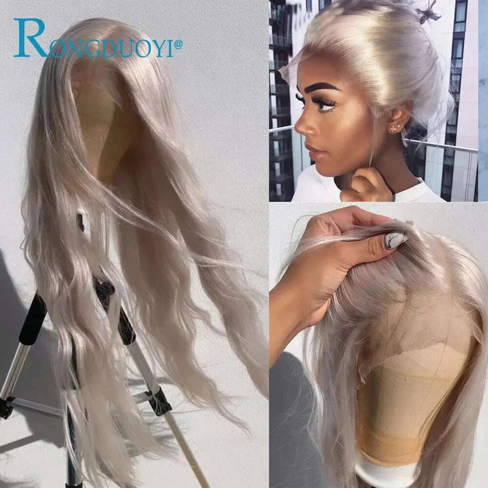 RONGDUOYI Cosplay Synthetic Lace Front Wigs Silver Grey Wig Synthetic Wavy Hair Lace Wigs For Women Heat Resistant Daily Used - KIMLUD