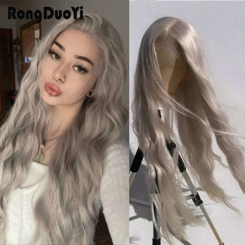 RONGDUOYI Cosplay Synthetic Lace Front Wigs Silver Grey Wig Synthetic Wavy Hair Lace Wigs For Women Heat Resistant Daily Used - KIMLUD