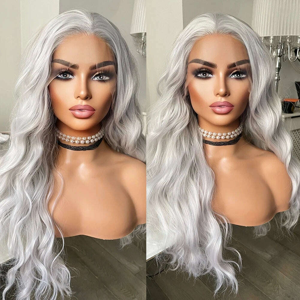 KIMLUD, RONGDUOYI Cosplay Synthetic Lace Front Wigs Silver Grey Wig Synthetic Wavy Hair Lace Wigs For Women Heat Resistant Daily Used, Grey / 20inches / Lace Front | 150%, KIMLUD APPAREL - Womens Clothes