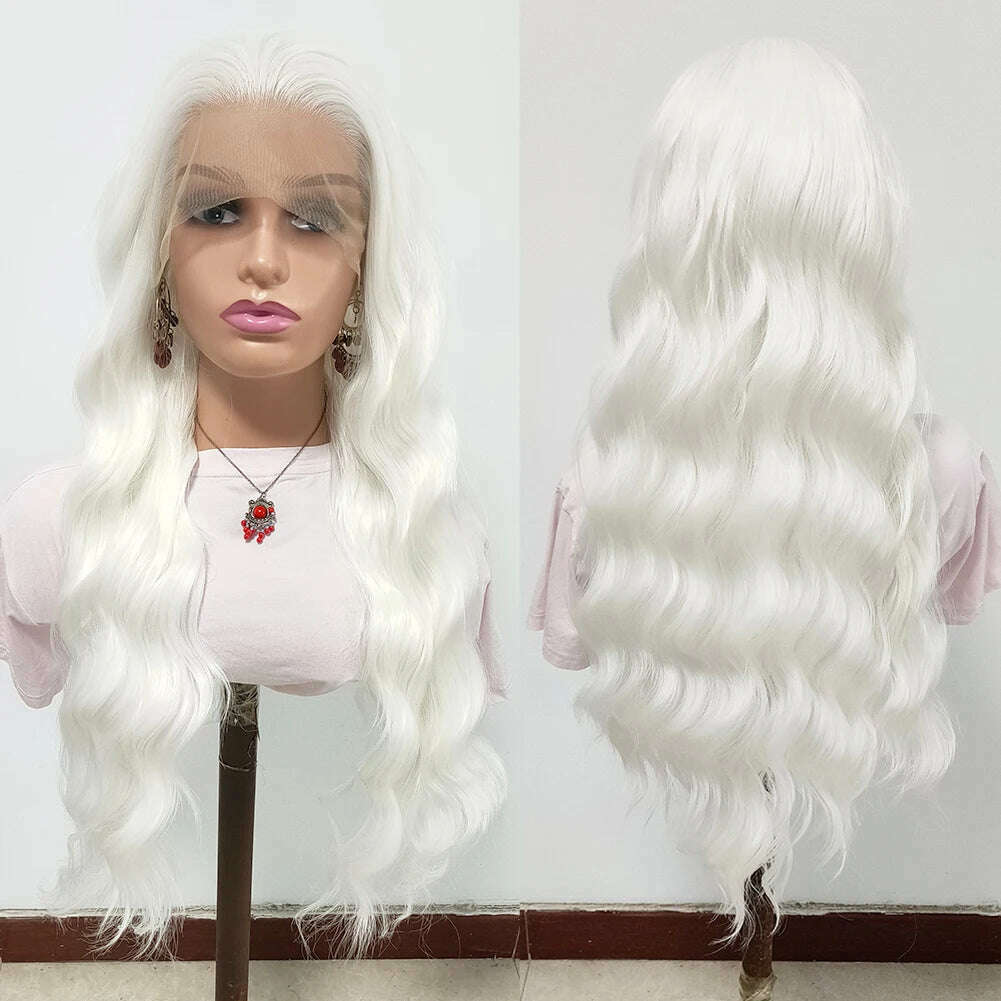 RONGDUOYI Cosplay Synthetic Lace Front Wigs Silver Grey Wig Synthetic Wavy Hair Lace Wigs For Women Heat Resistant Daily Used - KIMLUD