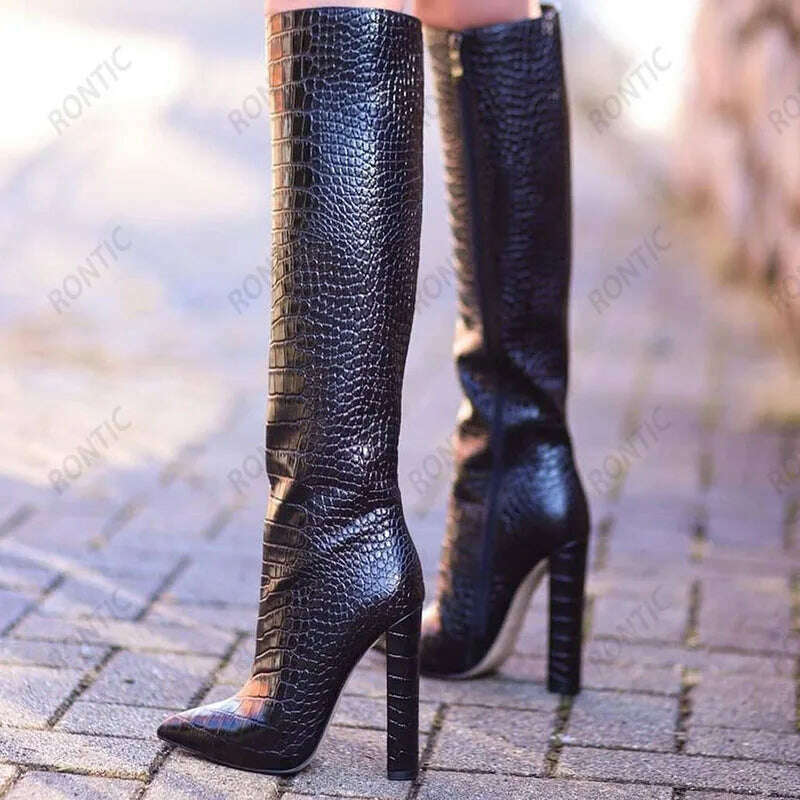 Rontic Handmade Women Winter Knee Boots Pattern Unisex Chunky Heels Pointed Toe Fabulous Black Party Shoes US Size 5-15 - KIMLUD