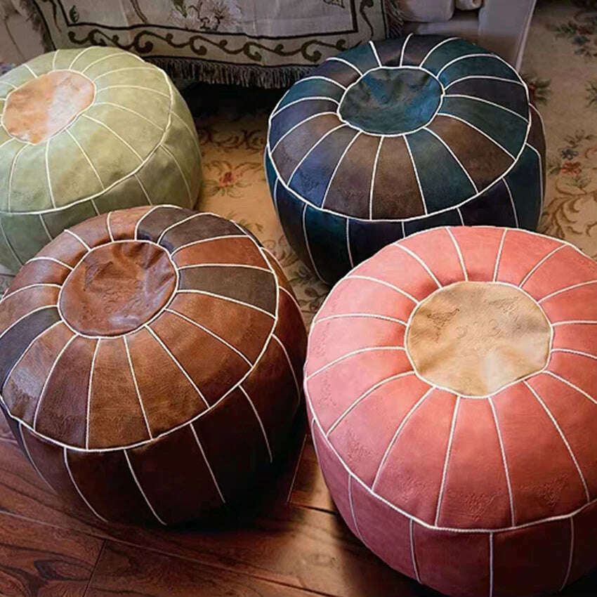 Round Moroccan Seat Cushion Cover Faux Leather Patchwork Craft Floor Hassock Ottoman Footstool Large Unstuffed Sitting Pillow - KIMLUD