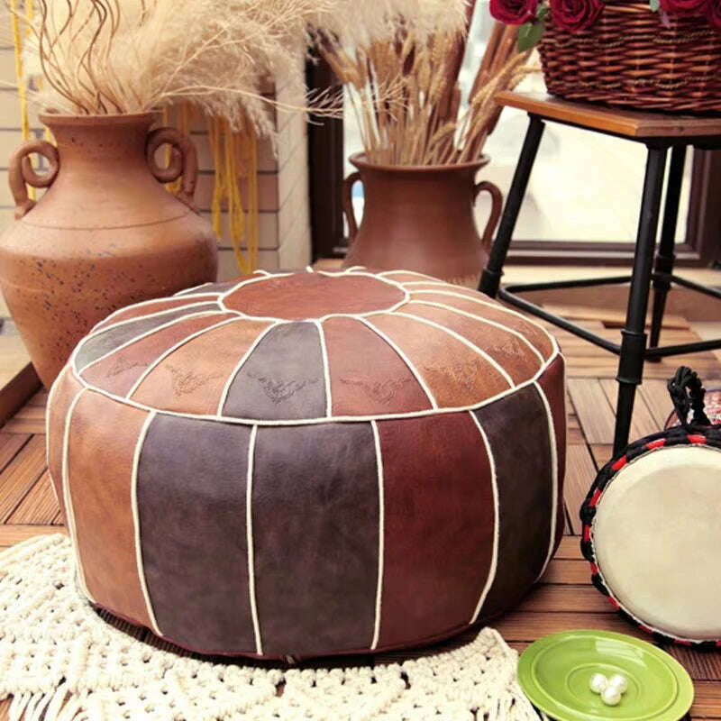 Round Moroccan Seat Cushion Cover Faux Leather Patchwork Craft Floor Hassock Ottoman Footstool Large Unstuffed Sitting Pillow - KIMLUD